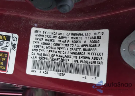 2010 Honda Civic Ex from USA, damaged, VIN 19XFA1F85AE030467